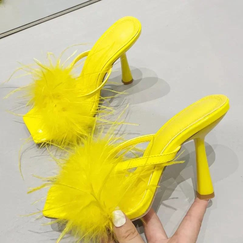 

Liyke Summer Fashion Yellow Fluffy Furry Women Slippers Mules High Heels Slides Female Gladiator Sandals Party Banquet Shoes 241