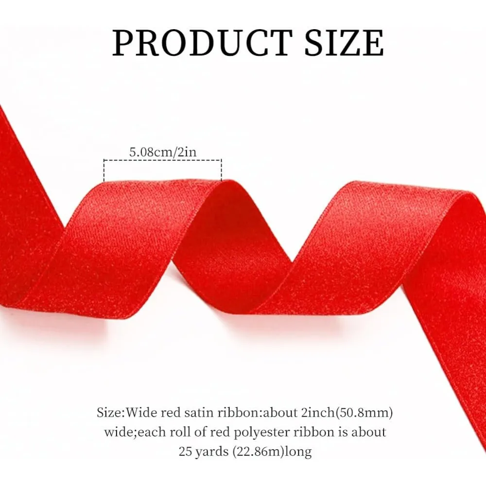 2 Inch Red Ribbon Classic Silky Polyester Satin Ribbon Wide Soft Smooth Soild Christmas Decorative Ribbons Bundle Roll