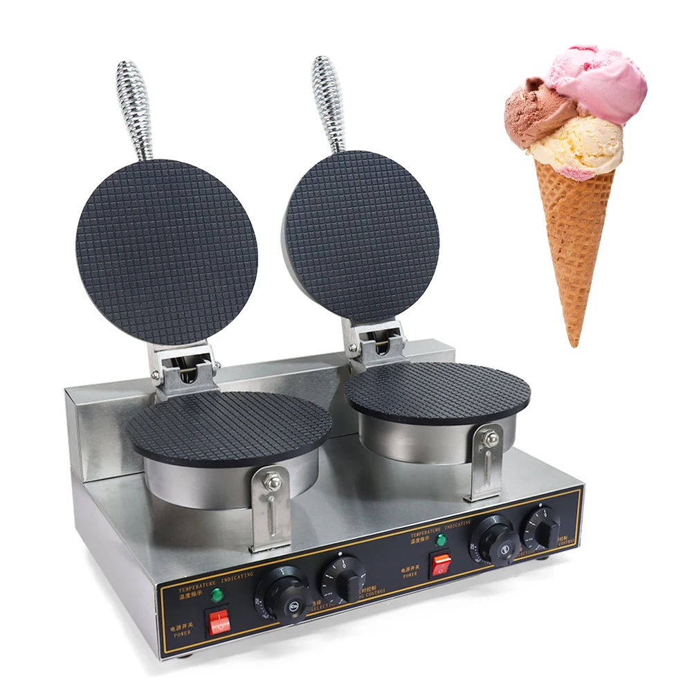 Double Head Electric Ice Cream Cone Machine 2 x 1200 w Waffle Cone Maker with Ice Cream Cone Sleeves for Restaurant Bakery Snack