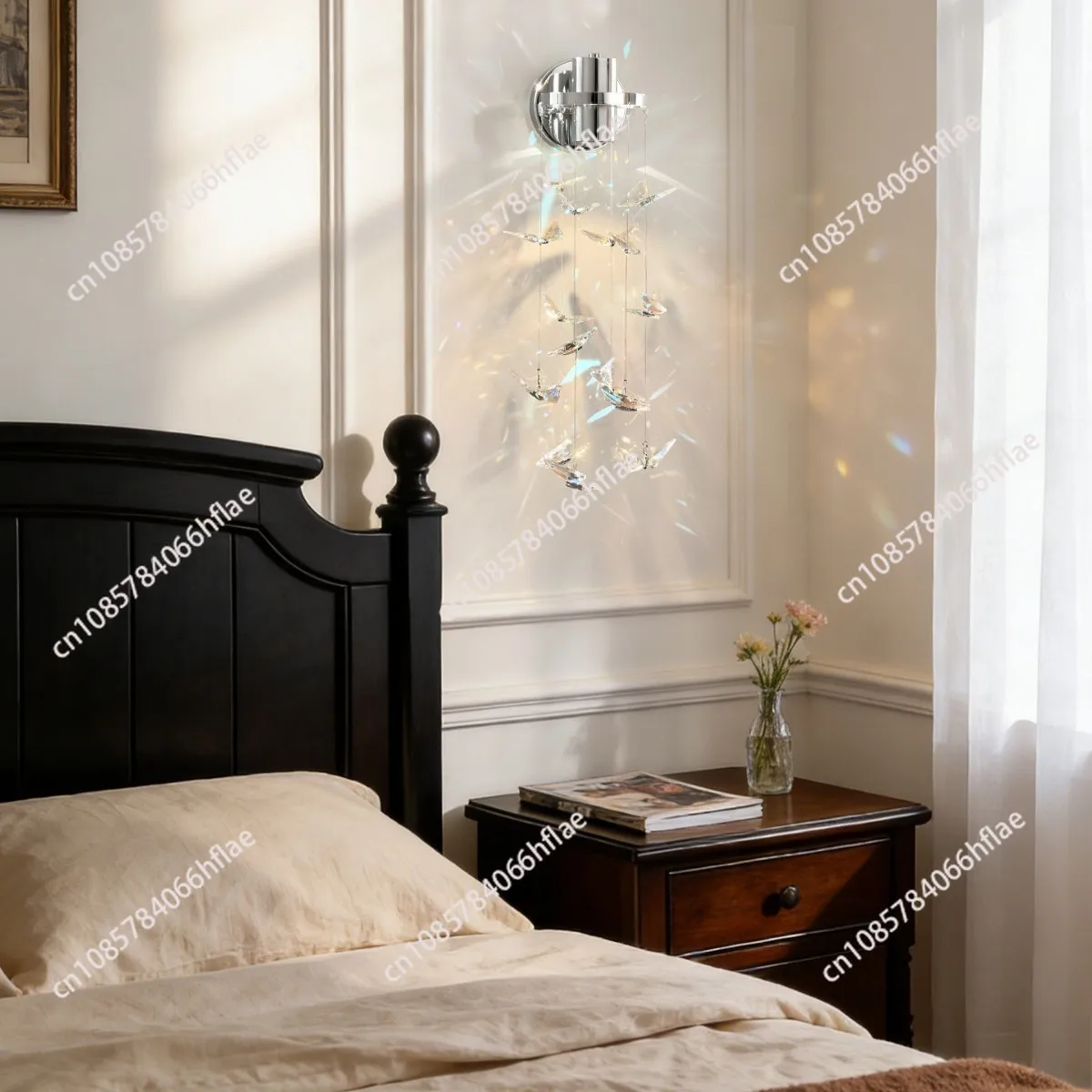 French Romantic Crystal Wall Lamp Butterfly Shape Decorative Light Medieval Bedroom Wall Mounted Lamp  Room Background Wall Lamp