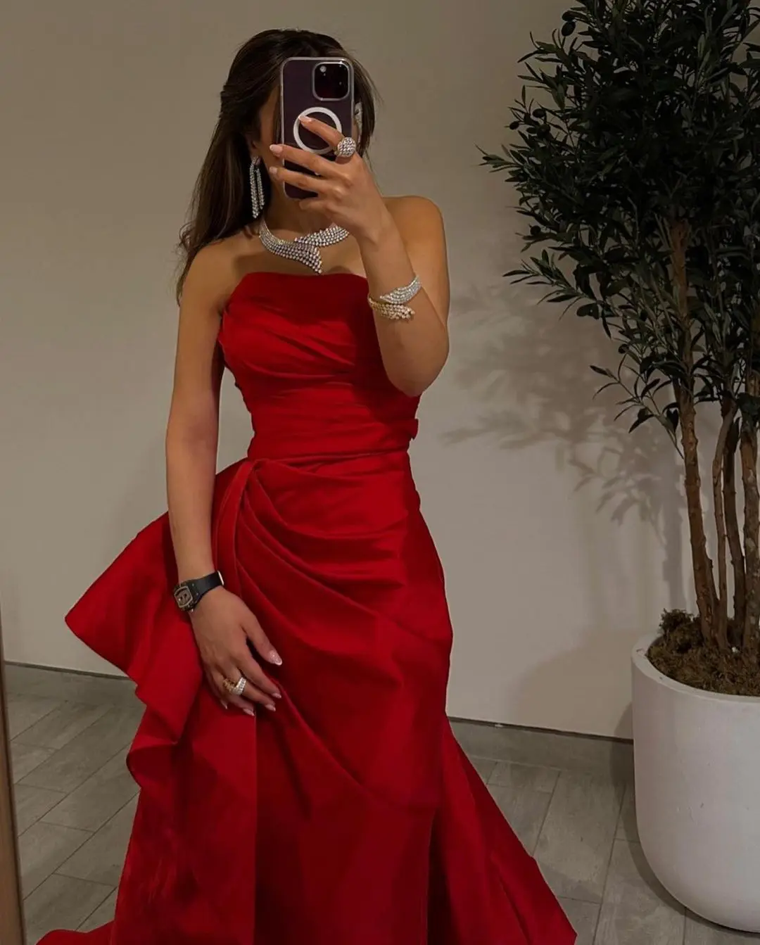 

Sexy Women's Red Prom Dresses Mermaid Strapless Floor Length Pleated Formal Occasion Dress Temperament Evening Dresses