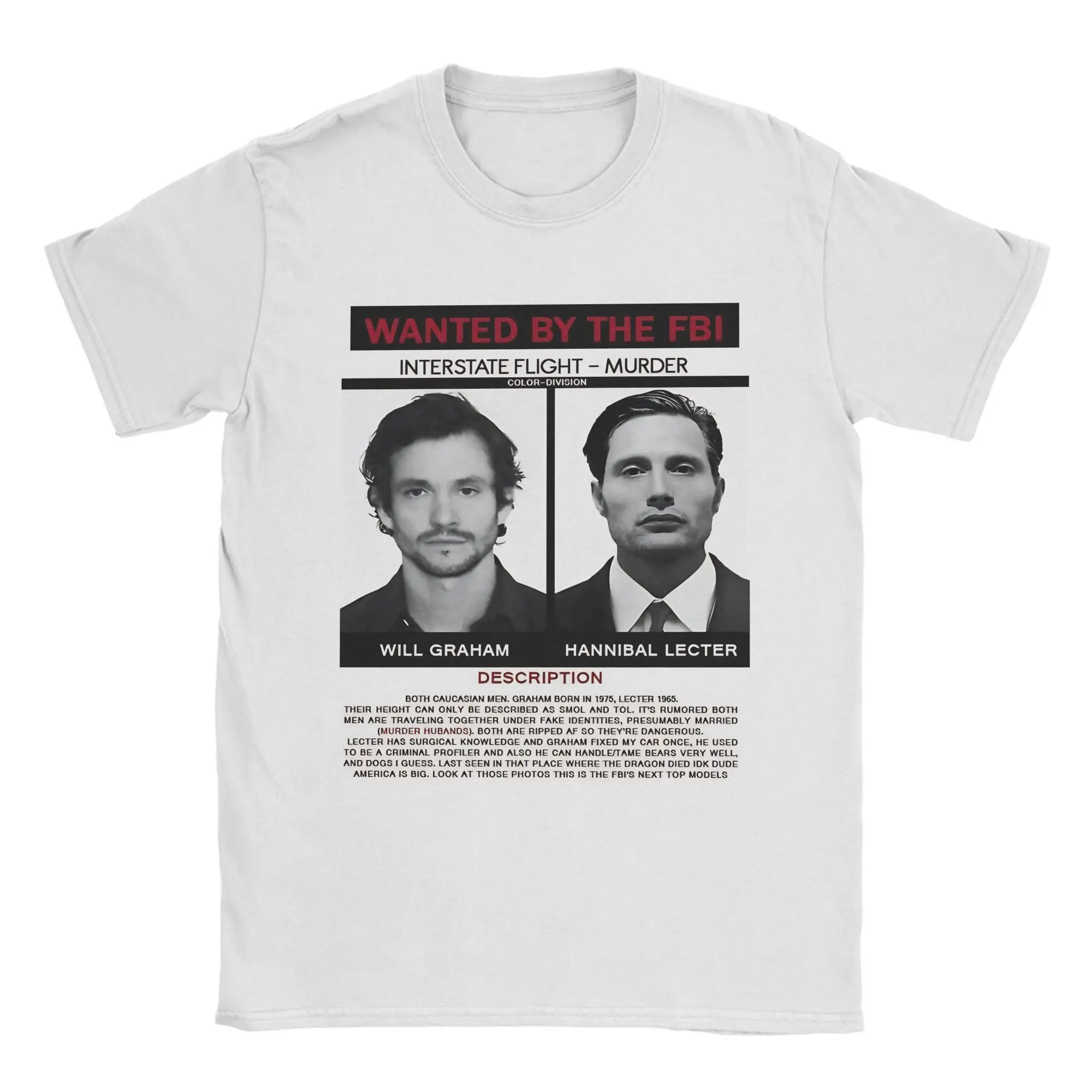 Priting Hannibal lecter and will graham wanted poster T-Shirt 100%Cotton Short Sleeve Mads Mikkelsen Summer Tops Shirts