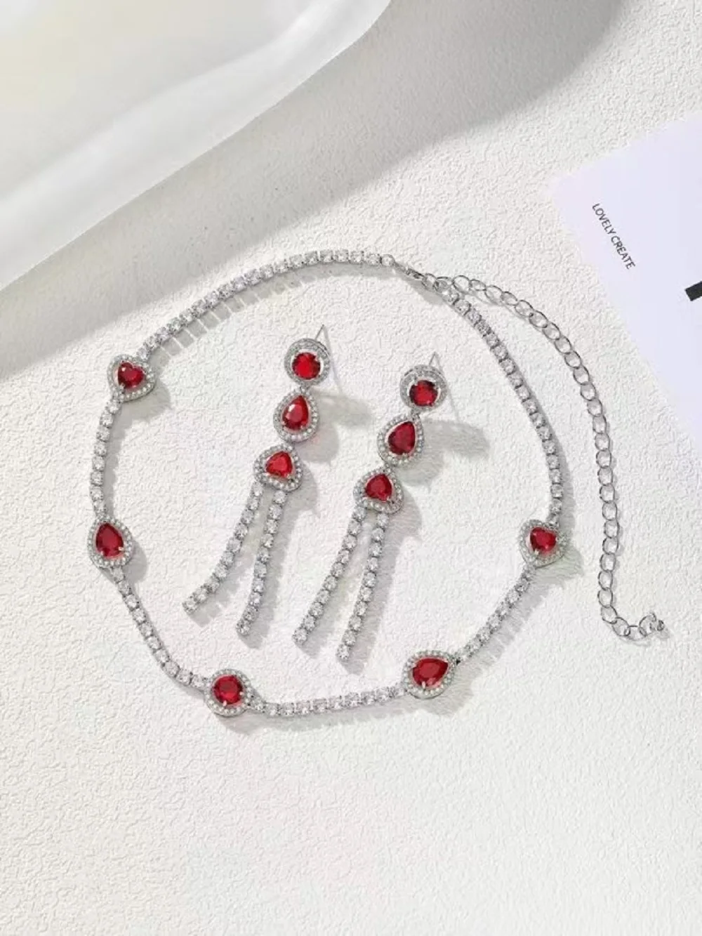 

Bilincolor Light Luxury and Minimalist Red Zircon Chain Necklace Earrings for Women