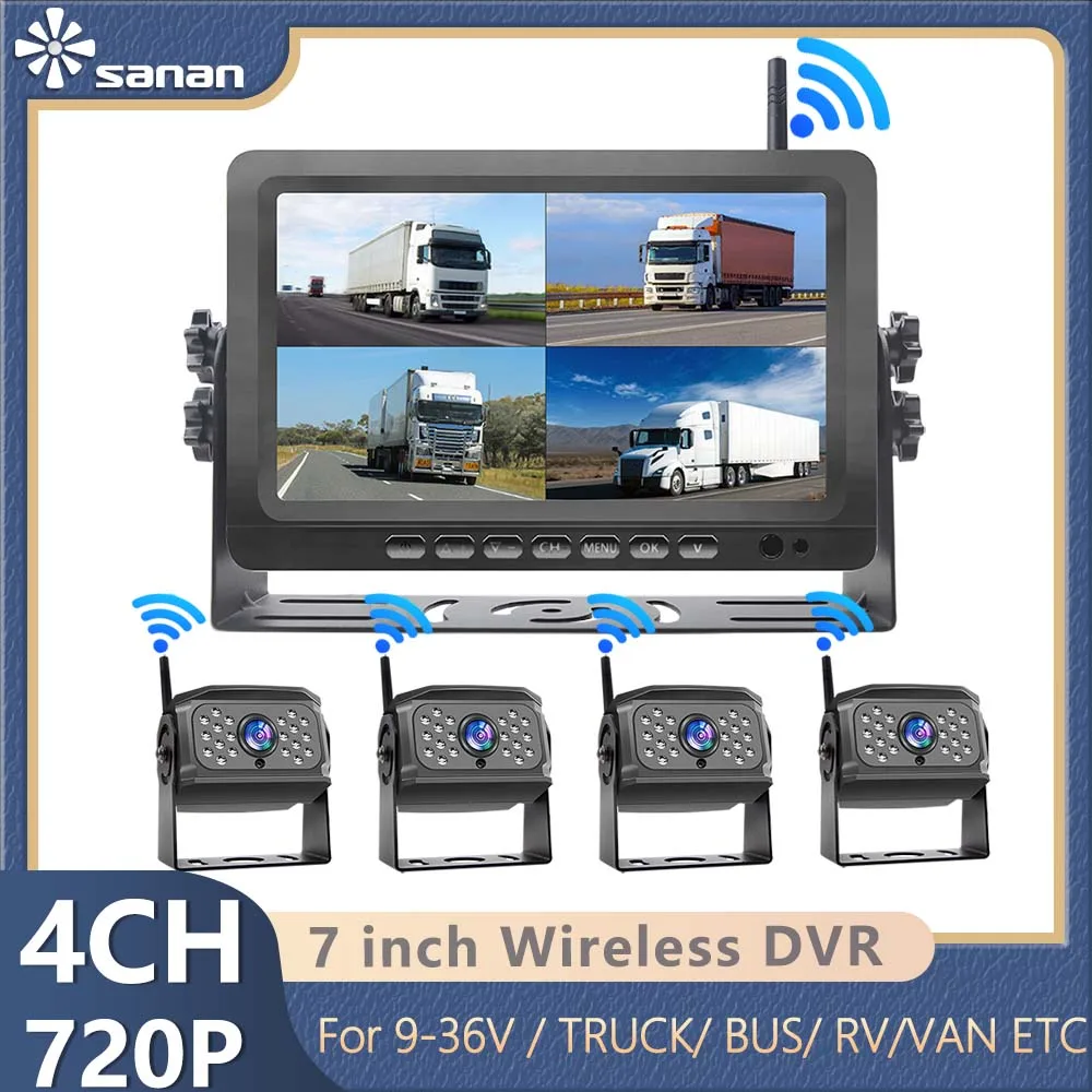 7'' 4CH Car/RV/Truck AHD Monitor System Wireless WIFI DVR Front/Side/Rear View Camera IR Night Vision Reversing  Recorder