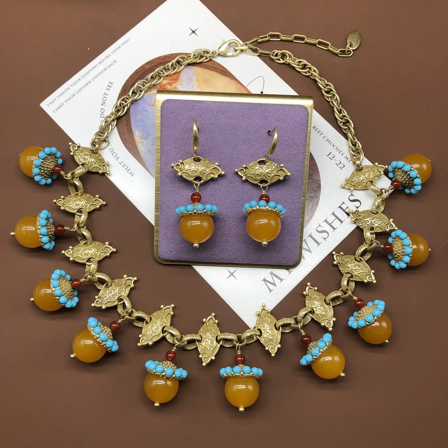 

fashionable stone pendant necklace earrings retro distressed Everyday jewelry