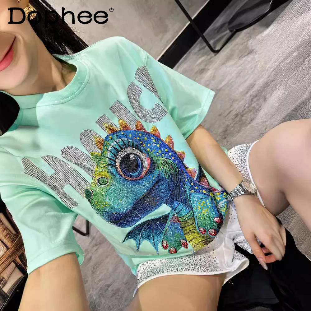 

Summer Luxury Rhinestone Fashion Brand Dinosaur Green Top Cute Cartoon Casual Round Neck T-shirt for Women Kawaii Clothes