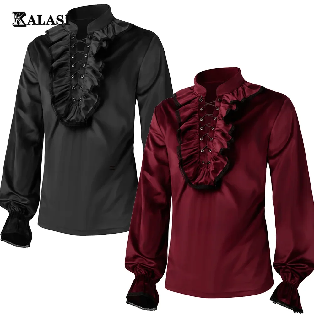 

Vintage Men's Velvet Ruffle Shirts Medieval Victorian Blouse Long Sleeve Wine Red Lace Trim Steampunk Vampire Halloween Costume