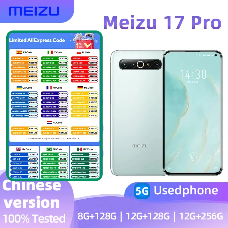 Meizu 17 Pro 5g Smartphone CPU Snapdragon 865 RAM 8GB ROM 128GB 6.6-inches 120HZ Screen 64MP+20MP Camera Android Used Phone