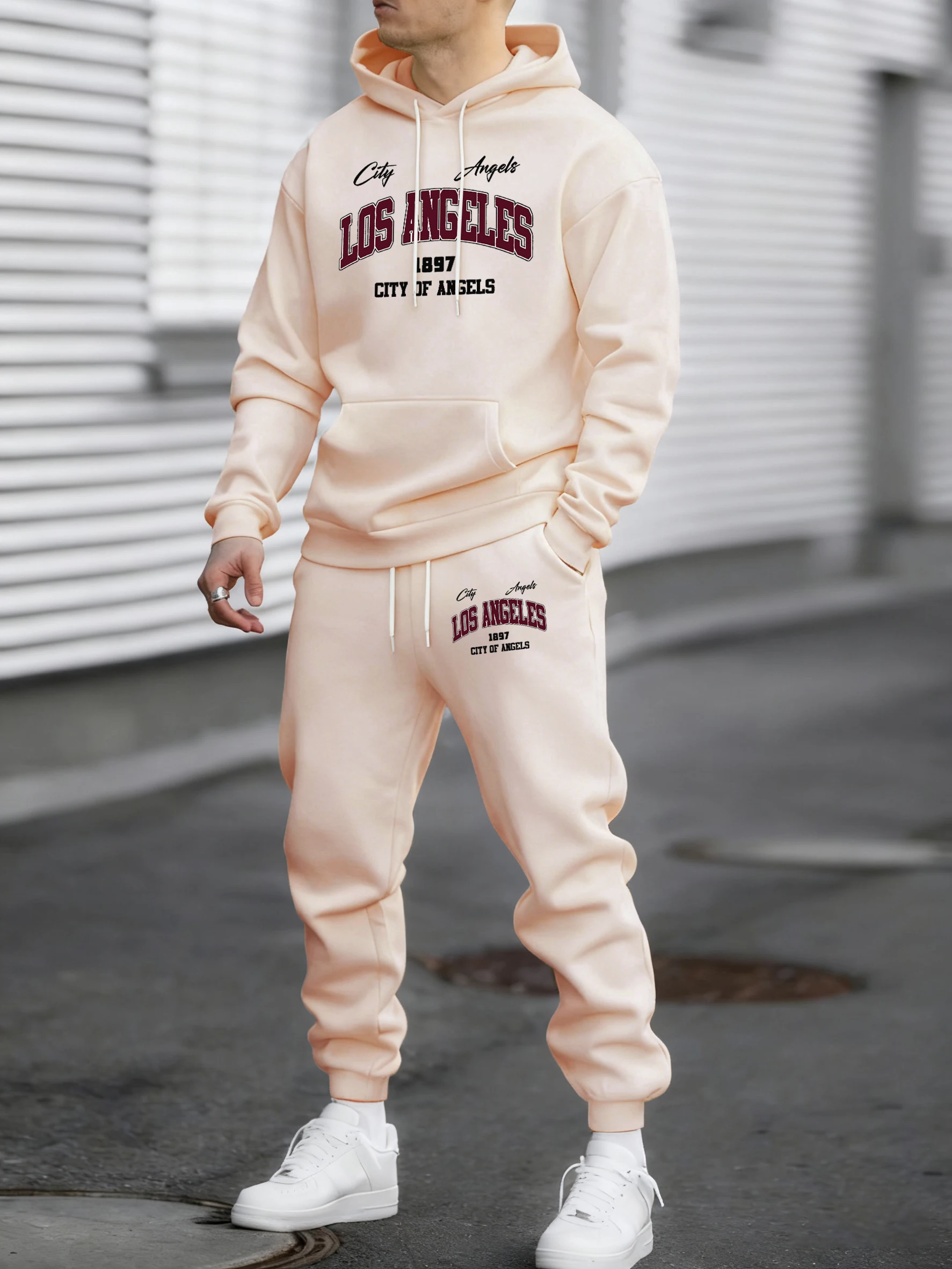 

Los Angeles City Of Angels Print Autumn Winter Fleece Man Hoodie Sweatpants Set Comfy Street Long Pants Loose Jogging Sportswear