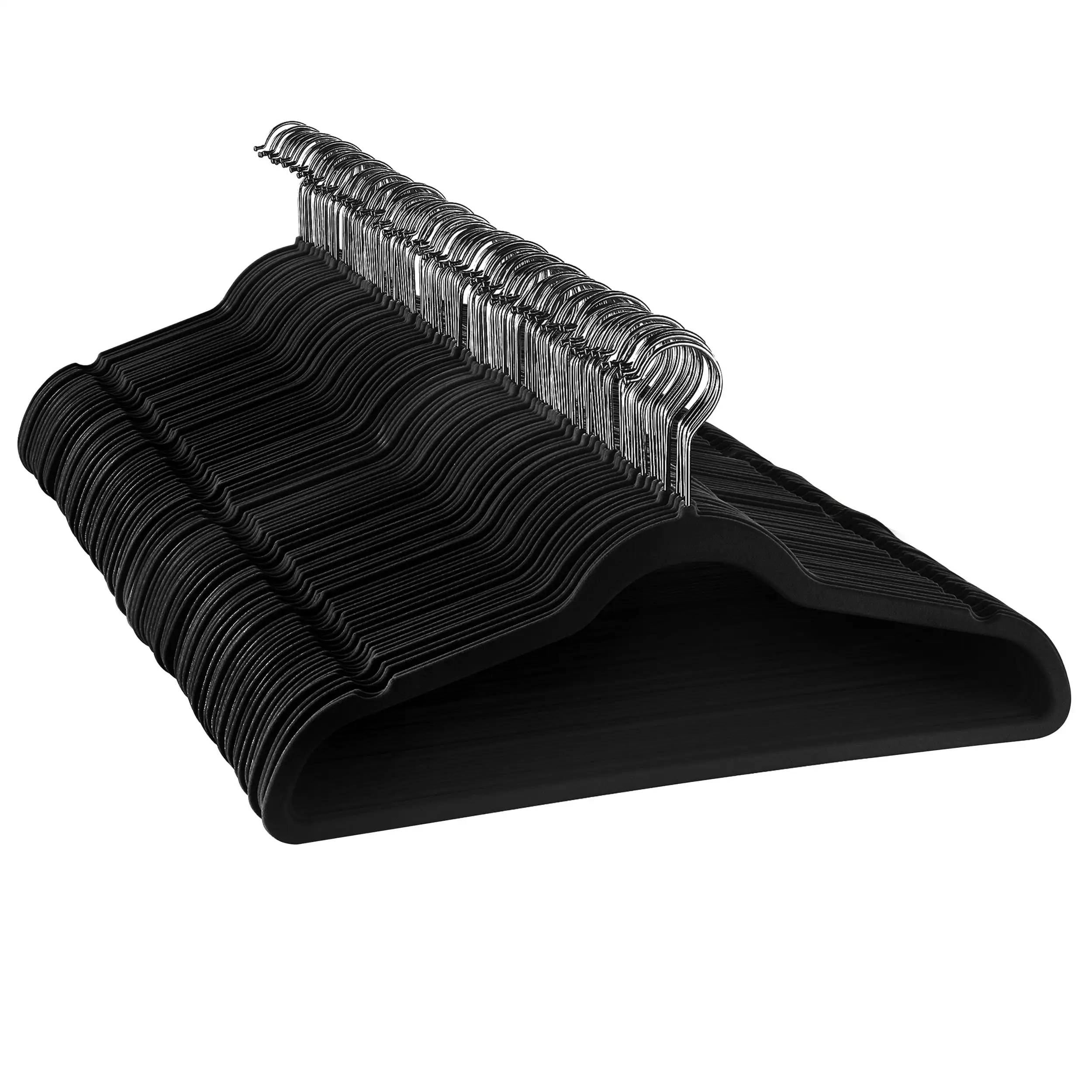 

Home 100 Piece Set of Velvet Slim Profile Heavy Duty Felt Hangers with Stainless Steel Swivel Hooks in Black
