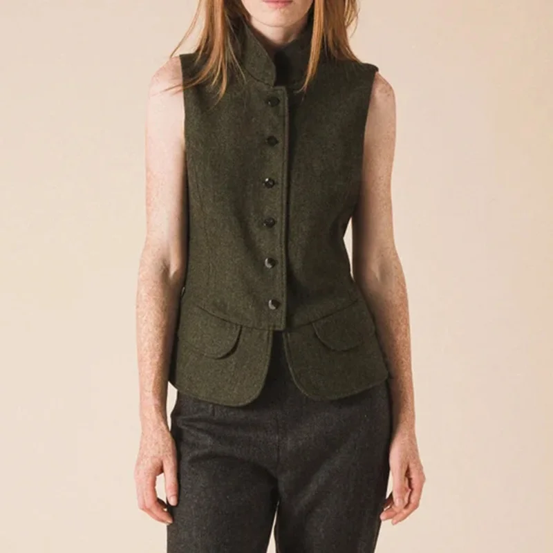 Womens Vest Herringbone Wool Single Breasted Vintage Slim Waistcoat Casual Sleeveless Jacket