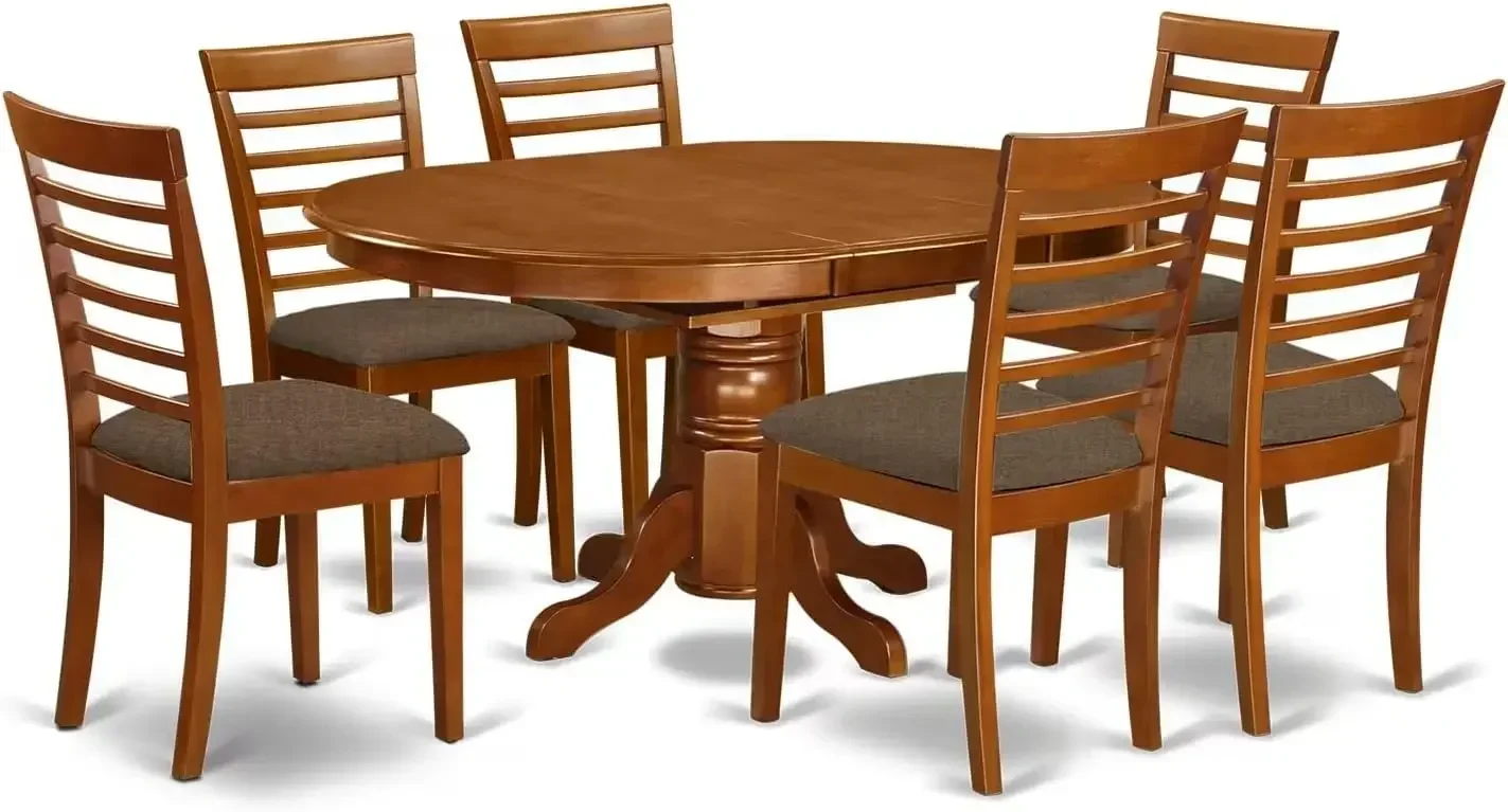 7 Piece Kitchen Set Consist of an Oval Table with Butterfly Leaf and 6 Linen Fabric Dining Room Chairs, 42x60 Inch, Saddle Brown