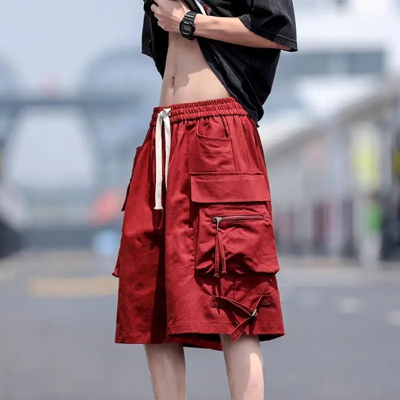 

American Vintage Burgundy Cargo Shorts Men's and Women's Summer Fashion Functional Casual Pants Loose Wide Leg Quarter Pants