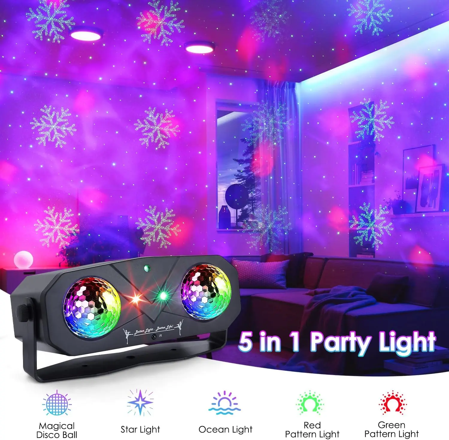 Upgrade 5 in 1 Party Disco Ball, Dj Disco Light Ocean Star Projector Dance Sound Activated with Remote Control