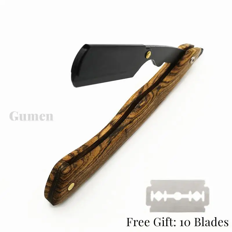 Salon Straight Edge Stainless Steel Folding Razor With Free 10 Blades Golden Sandalwood Handle SHAVING RAZOR Barber Tools