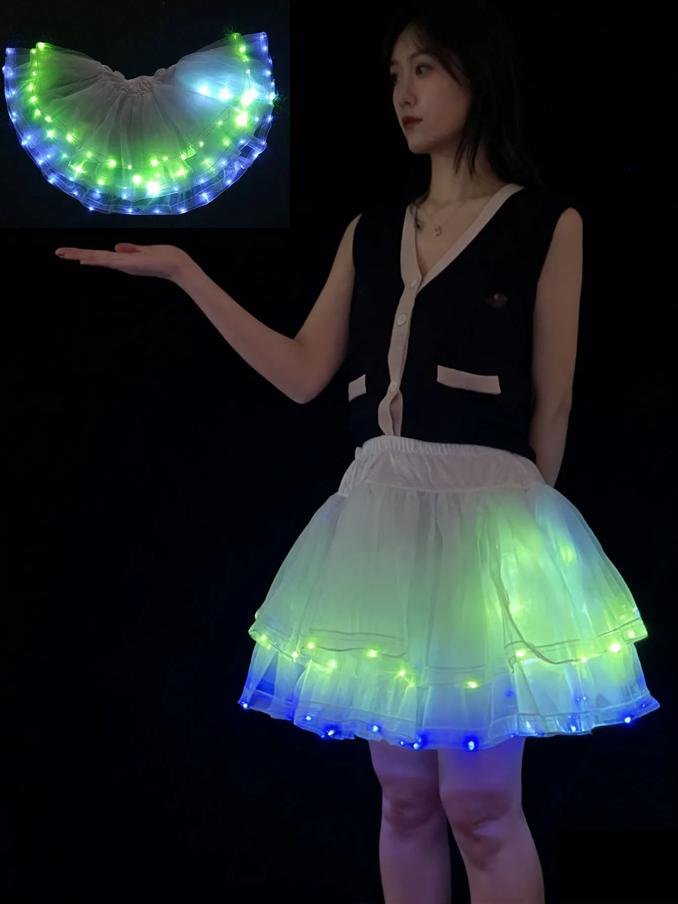 Abito da vestire a LED, costume da cheerleader, decorazione per feste, abito da ballo color block [venduto senza batterie]