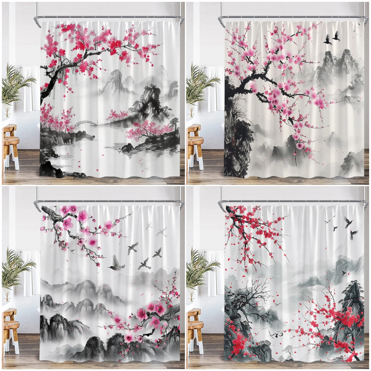 

Декоративная занавеска для душа с рисунком горного пейзажа, цветущей вишни и птиц, классический дизайн, полиэстер, для ванной комнаты