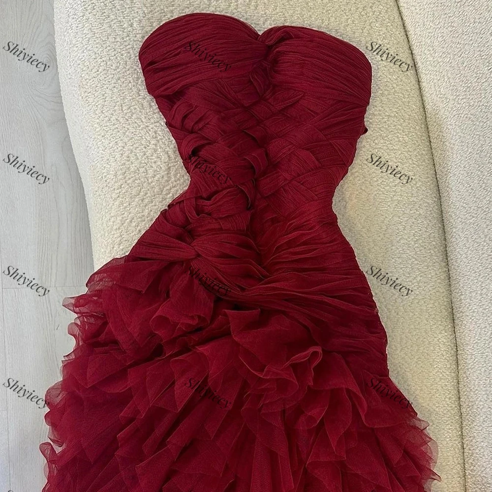 Burgundy Sweetheart Tulle Evening Dress Sexy Special Occasion Gown Sleeveless Backless Flppr Length Tiered Saudi Prom Dress