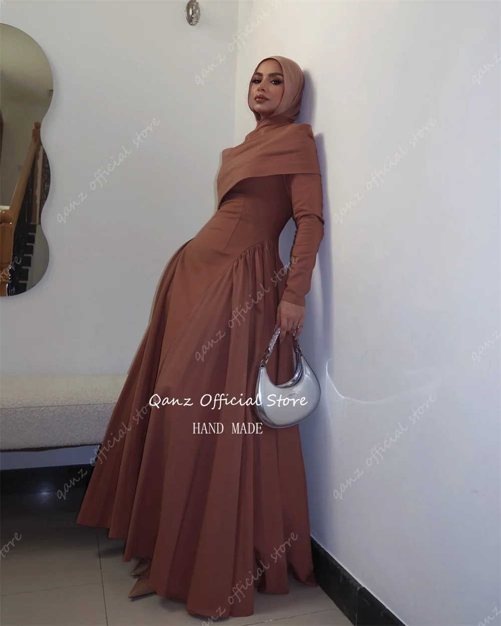 Qanz Eid Muslim Evening Dresses Women Long Sleeves Pleat Islam Vestidos Arab Long Robe Ramadan Morocco Dubai Abayas Customized