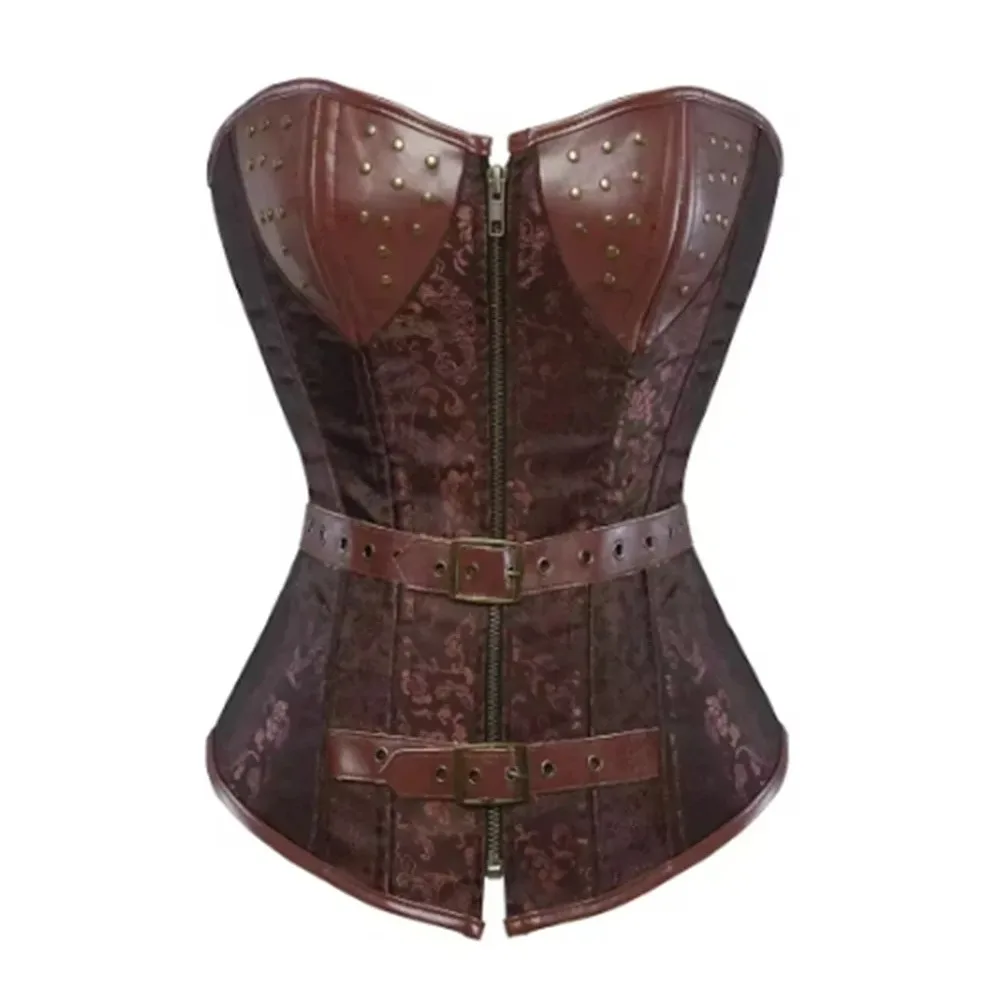Overbust Corset Top Pirate Jacquard Vintage Corsets for Women Lace Up Corset Belt Steampunk Cosplay Costume Brown