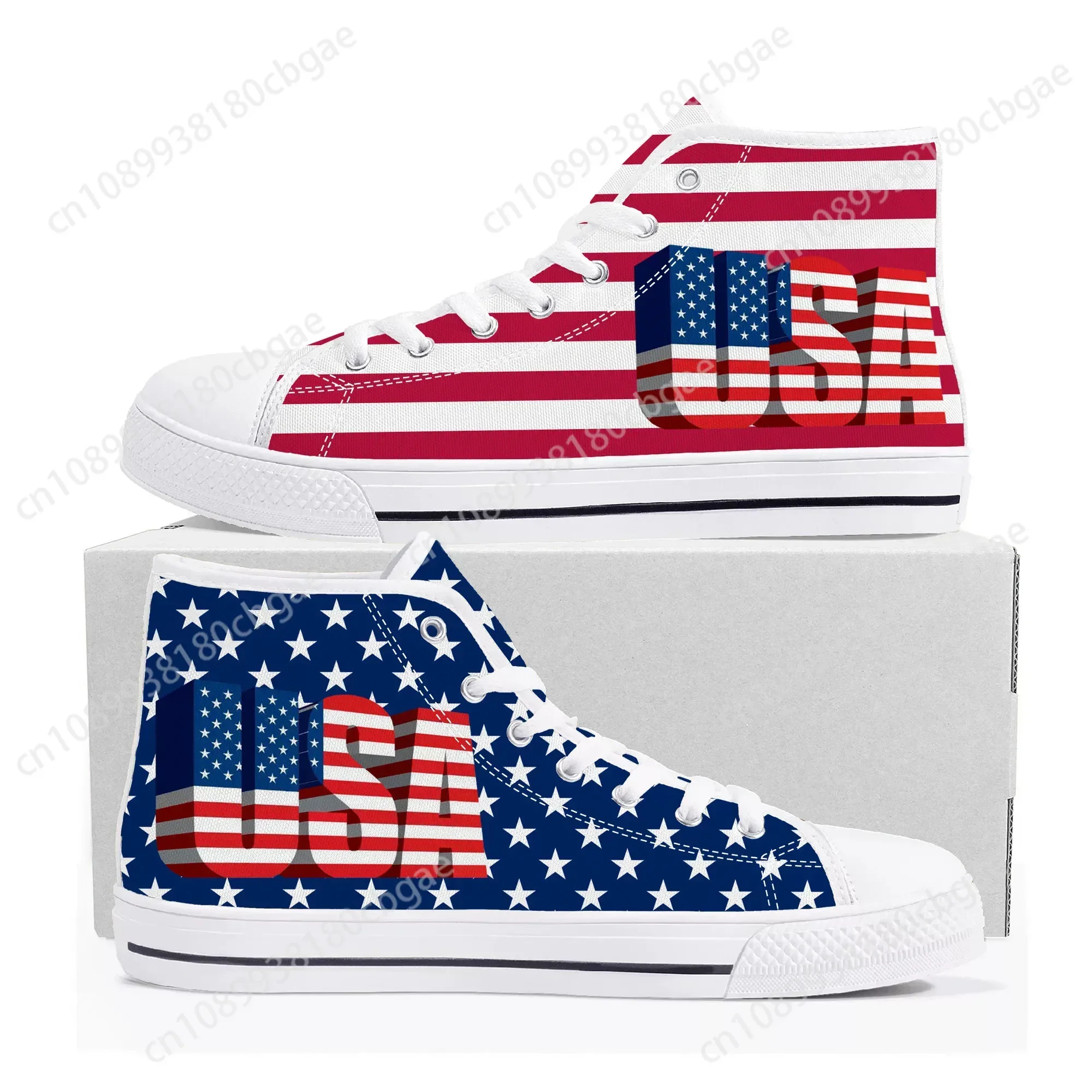 

Funny USA Flag American Red Blue White Art High Top Sneakers Mens Womens Teenager Canvas Sneaker Casual Couple Shoes Custom Shoe