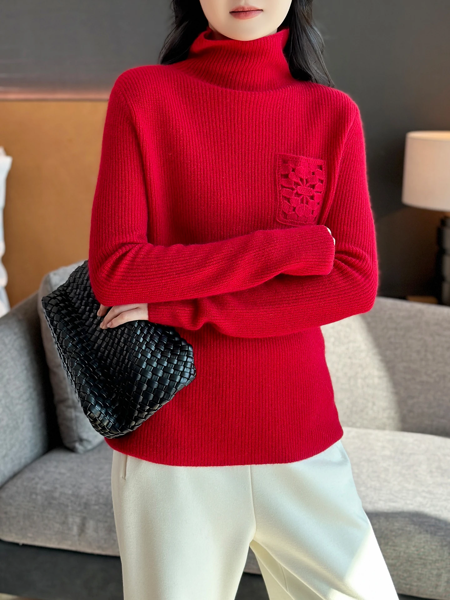 

Zuozhujia Camere вязаный свитер с высоким воротником и дизайном на крючках с цветочной вышивкой верхняя одежда базовый слой женская зимняя одежда