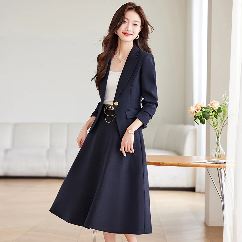 High Quality Long Sleeve Blazer Set Office Lady Skirt Set 2024 Fall Suit Collar Cut Jacket Elegant Career Commuter 2 Piece Set