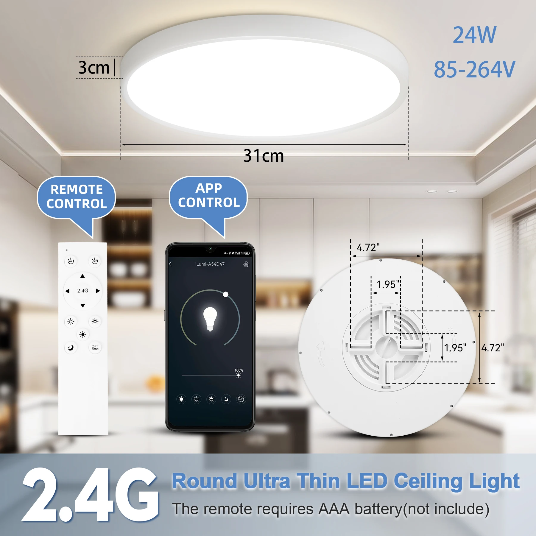 

LED Ceiling Lamp 85-264V Three Proof Ceiling Light Fixture 24W Remote Control Tricolor Dimming Circular Lights for Room