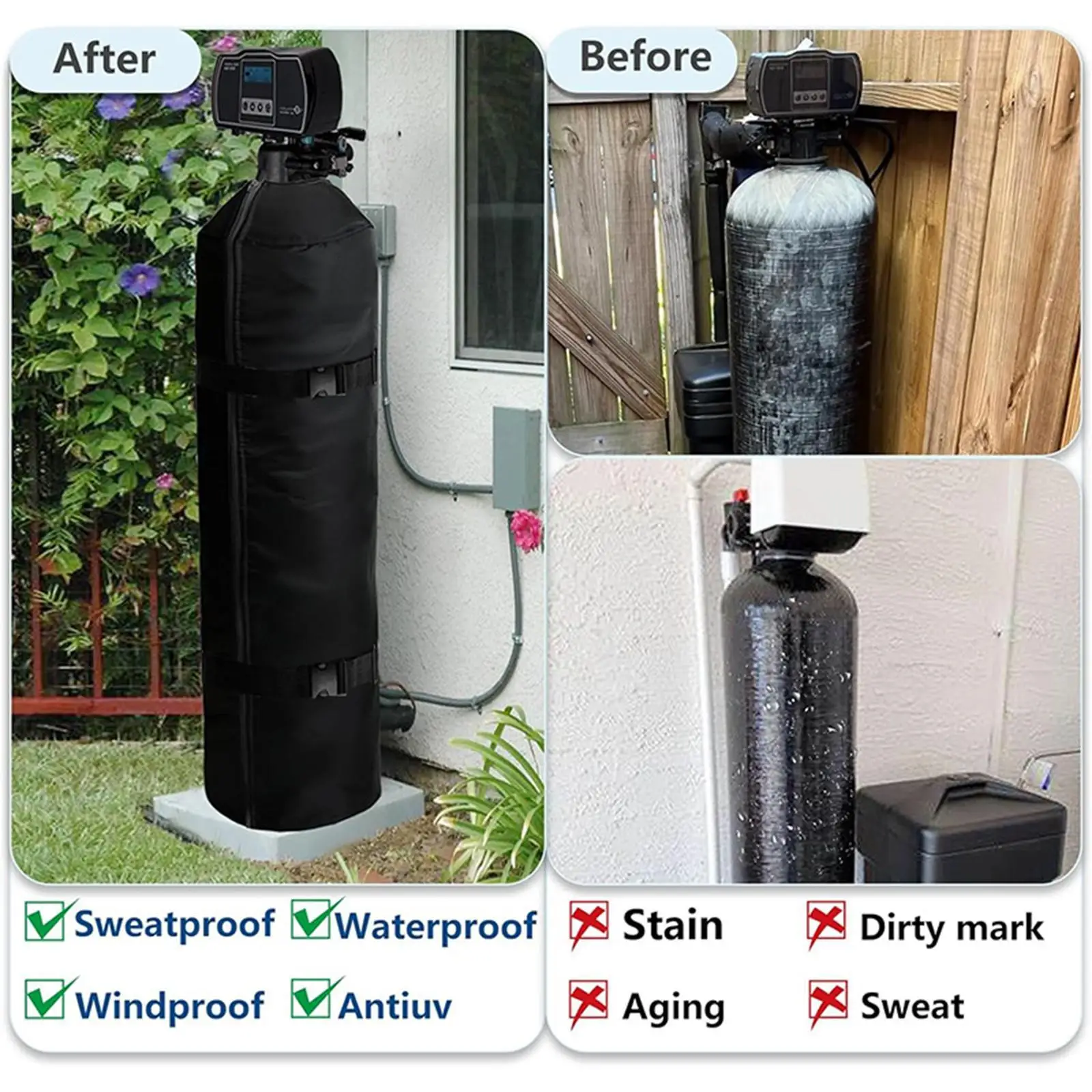 Universal Water Softener Cover Black Oxford Cloth Tank Jacket with Zipper and Straps for Outdoor Rain Snow Sweat Prevention