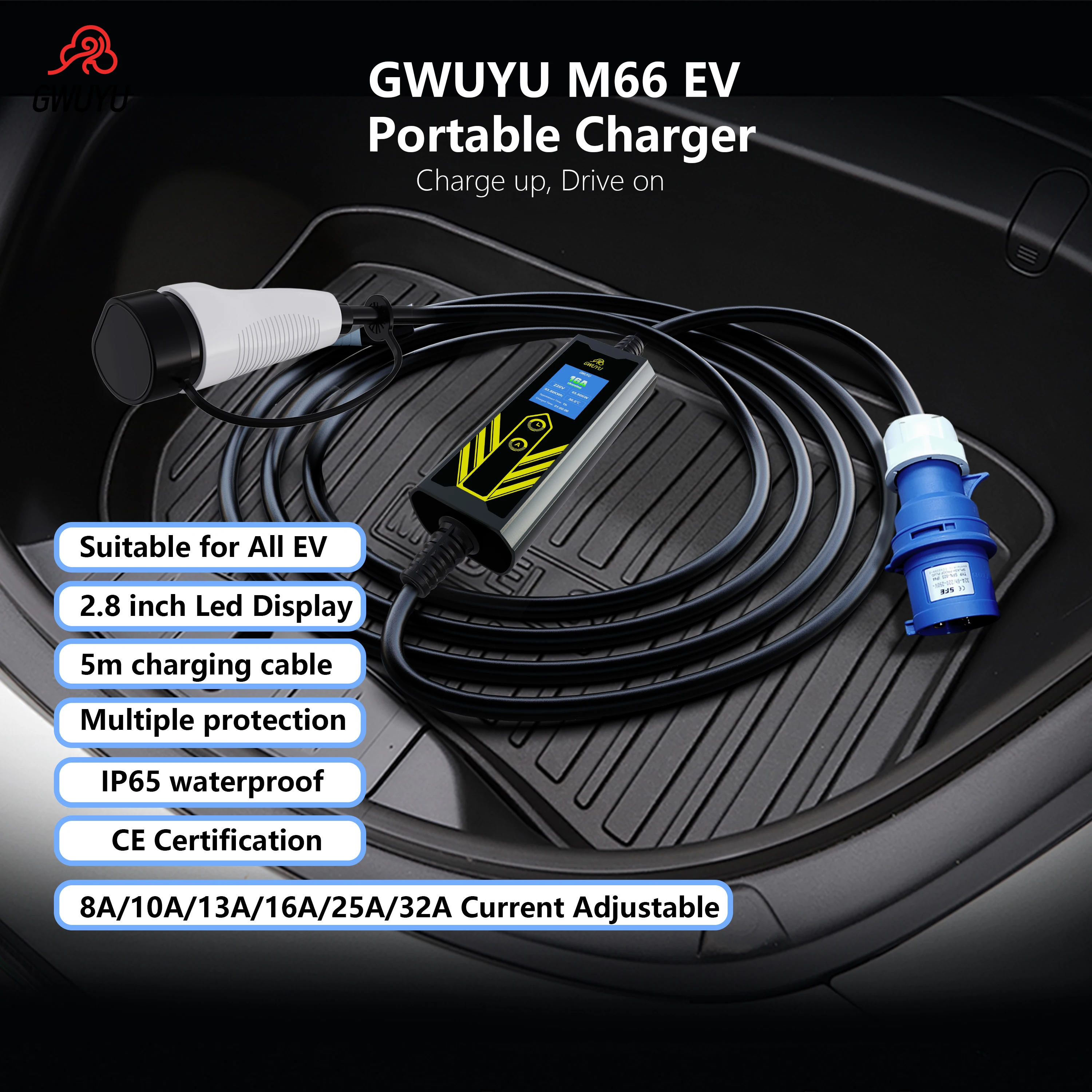 EV Charging Portable Station Type2 Plug Connector 7KW 11KW 5M Cable WallBox Charger with 2.8 Inch Screen for Electric Vehicle