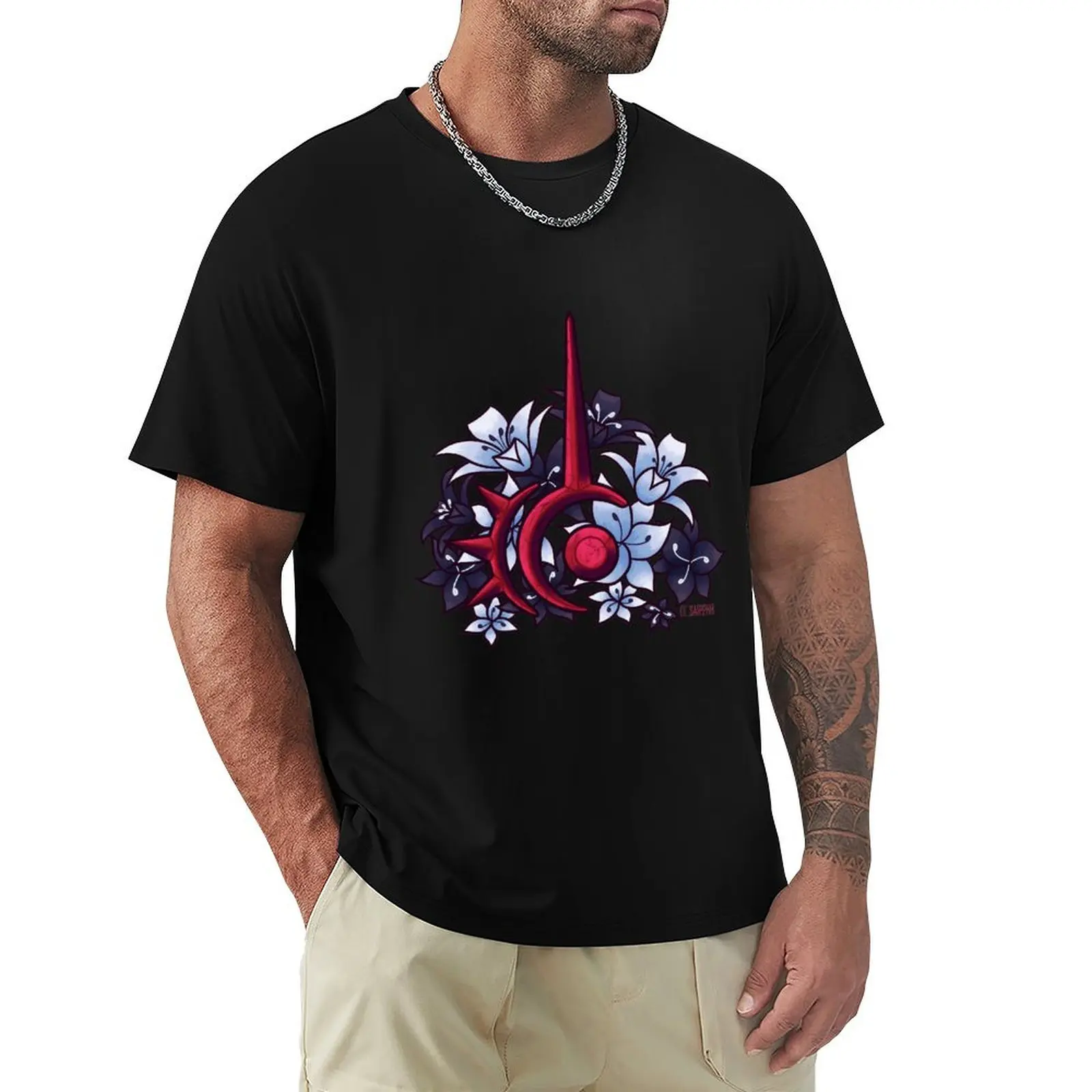FFXIV Red Mage Job Symbol with Flowers T-Shirt Basic Breathable Solid Color T-Shirt