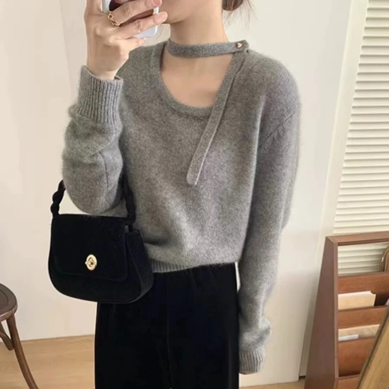 

Корейский мягкий вязаный свитер-пуловер для женщин, ранняя весна, шикарный, укороченный, размер S, в стиле Lazy Sle, с круглым вырезом, длинный рукав