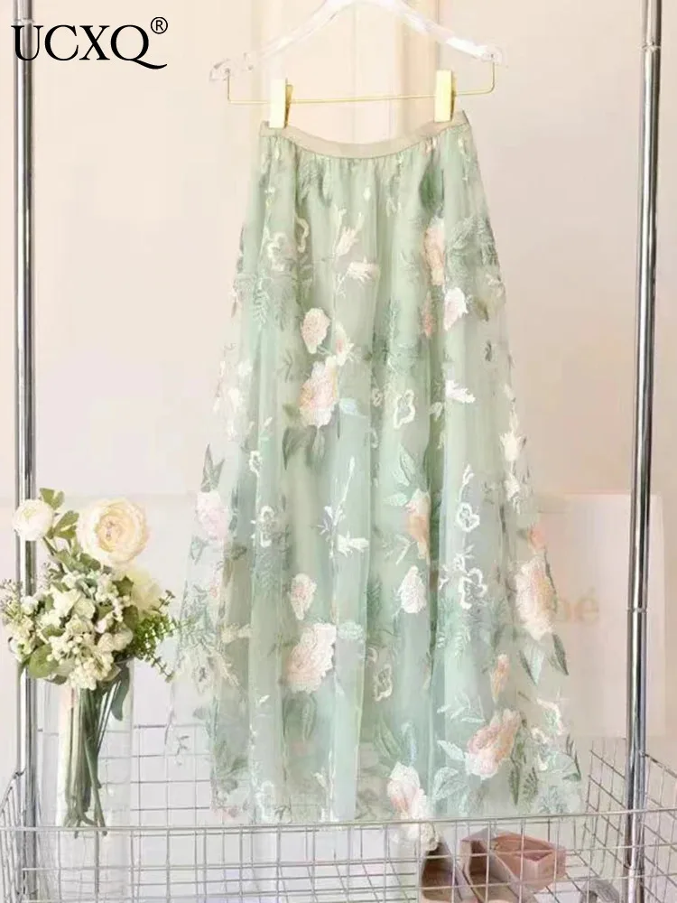 

UCXQ Fashion Casual Skirt Fairy Style Embroidery Flower Mesh Elastic Loose A-line Long Skirts Women 2024 New Spring Summer A9182