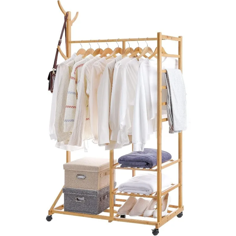 

Clothing Rack Bamboo Garment Rack Rolling Coat Rack Multifunctional Bedroom Hanging Clothing Organizer Hat Tree 3 Layers