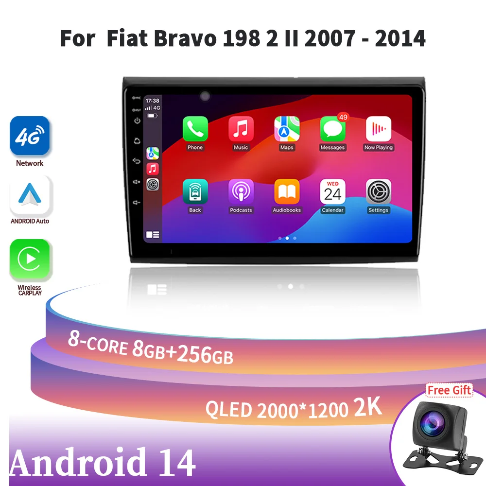 

For Fiat Bravo 198 2 II 2007-2014 Android 14 Wireless Carplay Stereo Car Radio Central Multimedia Navigation 2DIN 4G DSP