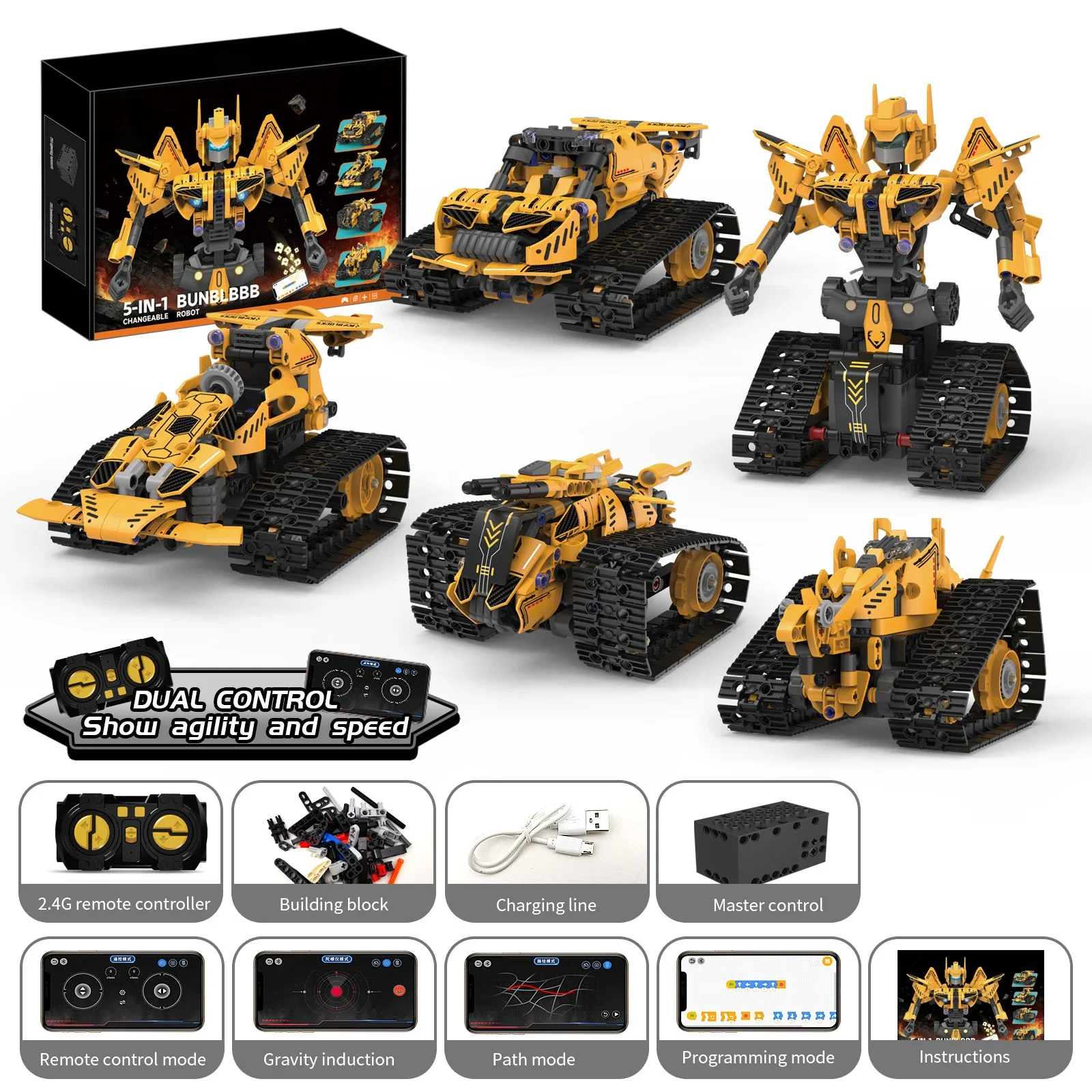 5-in-1 technical Electric Remote Control Transforming Robot Building Blocks DIY Racing Car Toy Creative Birthday Gift for Boys