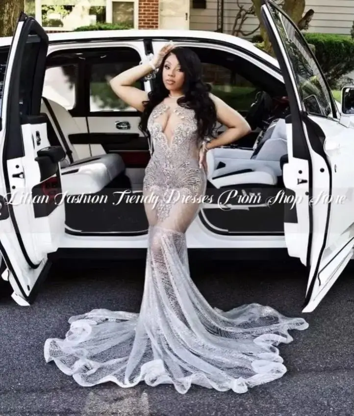 Silver Diamond Sparkly Long Evening Formal Dresses Luxury Diamond Crystal Gillter Prom Birthday Gown Black Girl customsized