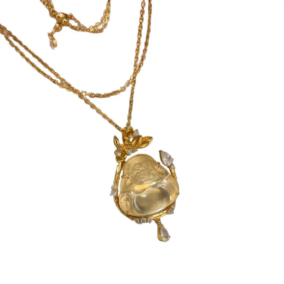 Women's Fashion Necklace 2026 Chinese Style Hand Carved Water Jade Laughing Buddha Pendant Inlaid Zircon Lotus Decor Gold Plated view 5