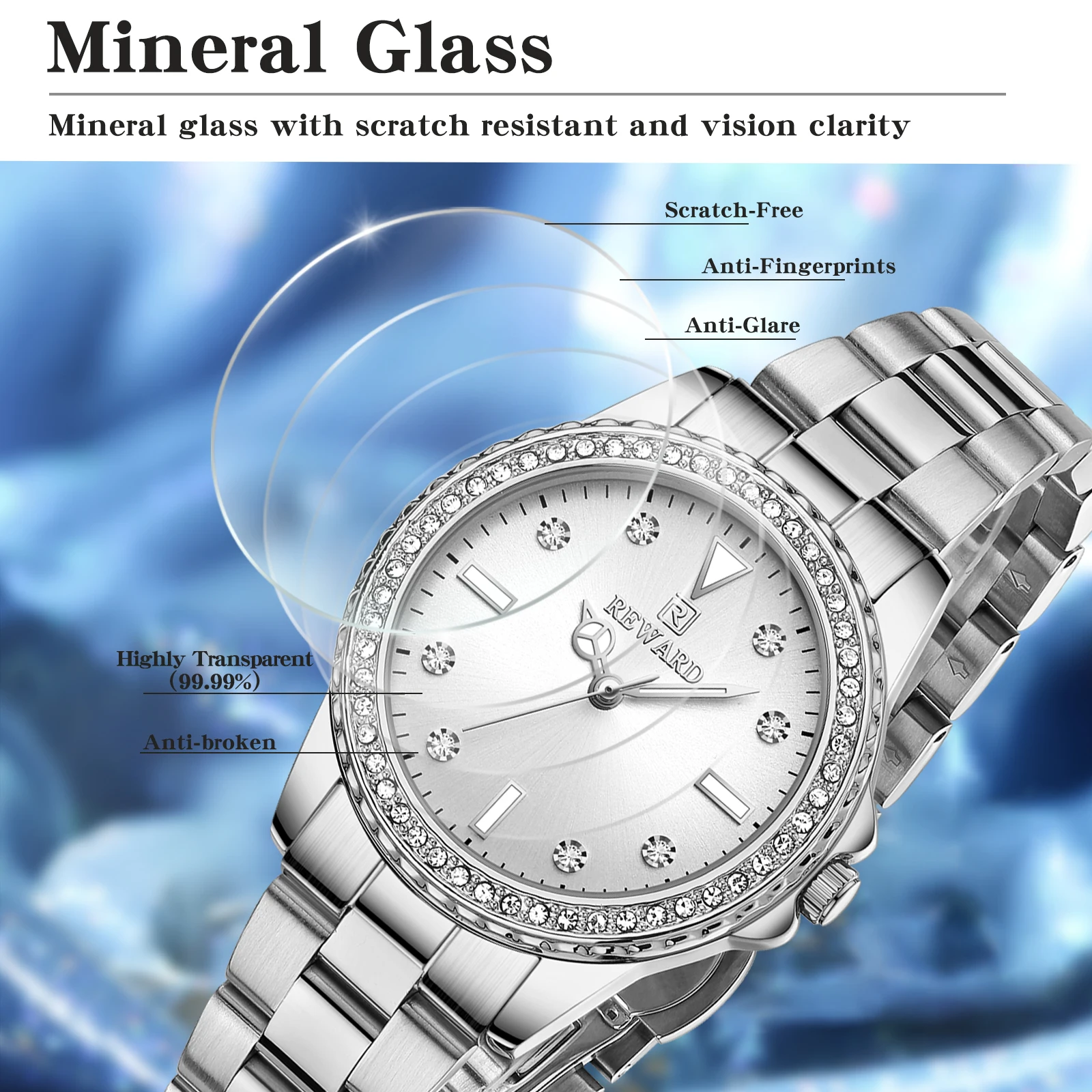 New Design REWARD Fashion Women Watches Luxury Steel Female Wristwatch Waterproof Luminous Silver Quartz Watch Japanese Movement