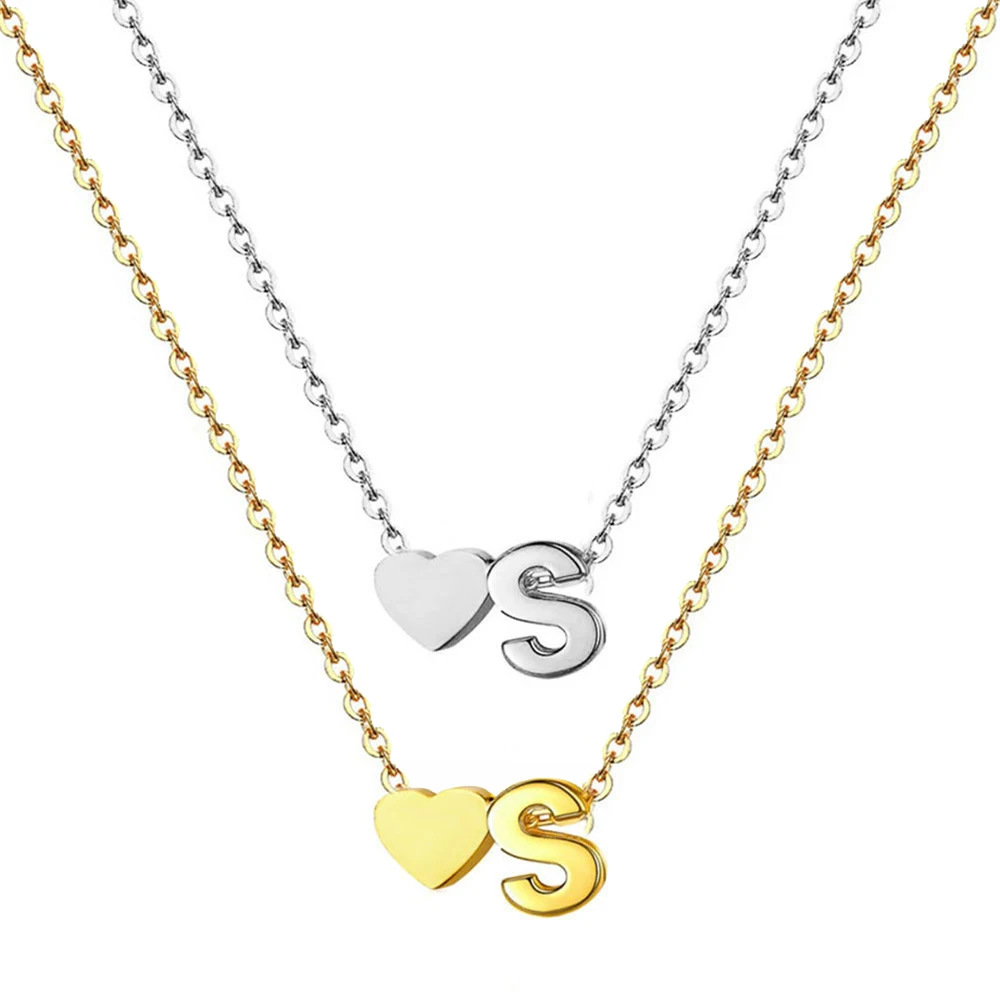 New Fashion Tiny Heart Dainty Initial 26 Letter Necklace Gold Silver Color Stainless Steel Women Girl\'s Jewelry Birthday Gift