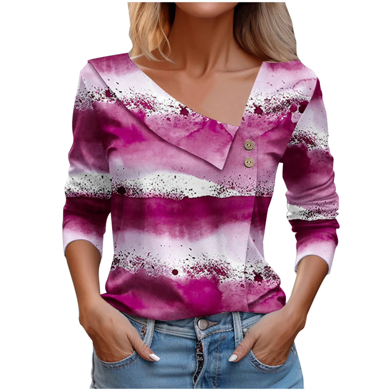 2024 Autumn V-neck Top Button Commuter Gradient Print Fashion All-match Design Pullover Spring Casual Clothing Top Women's Shirt