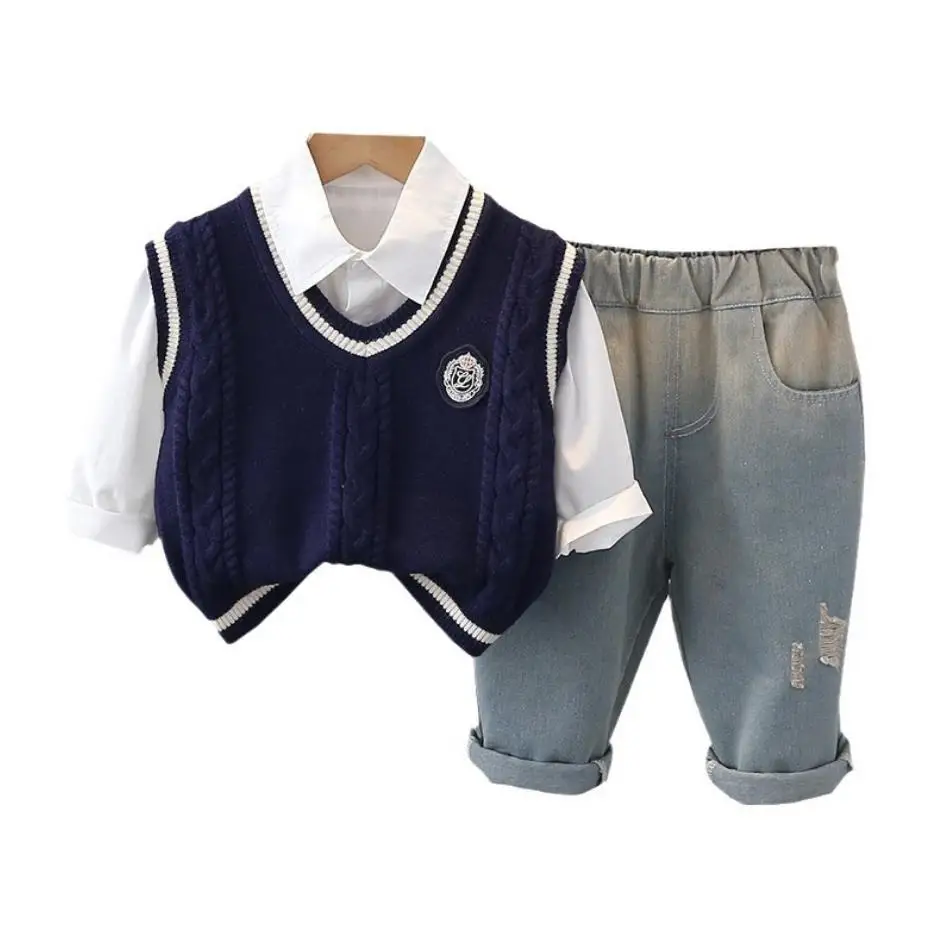 Conjuntos de ropa escolar de diseñador para niños y bebés, suéter de punto, chaleco, camisas blancas y pantalones, chándales para niños pequeños, trajes infantiles