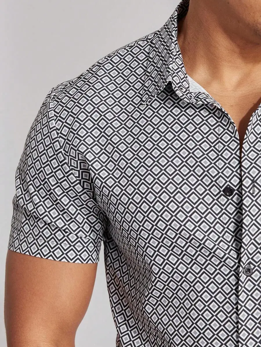 

Manfinity Homme Geometric Print Buttoned Short Sleeve Shirt Slim Fit Button Up Graphic Plaid Regular Shirts Husband