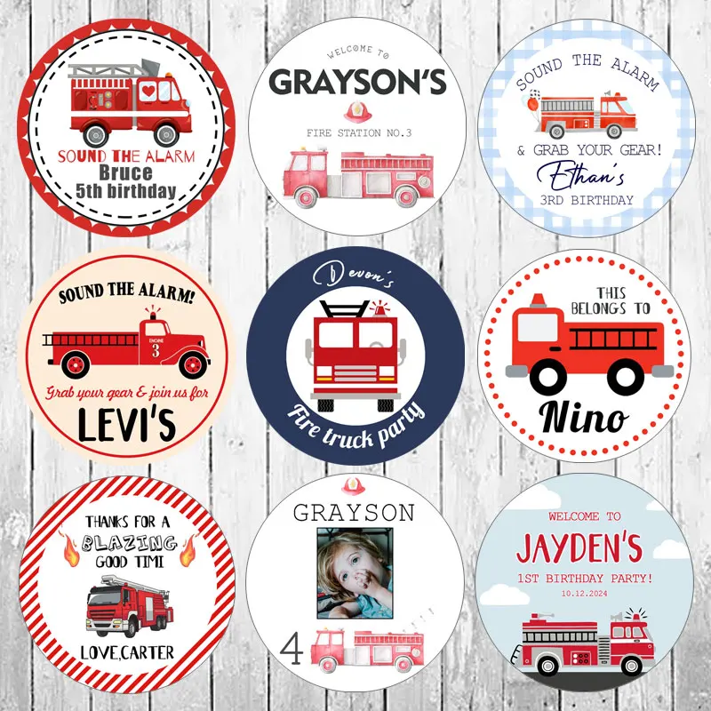 Custom Firefighter Firetruck Boy Birthday Party Favor Sticker Labels Personalised Firefighter Themed Baby Shower Decor Stickers