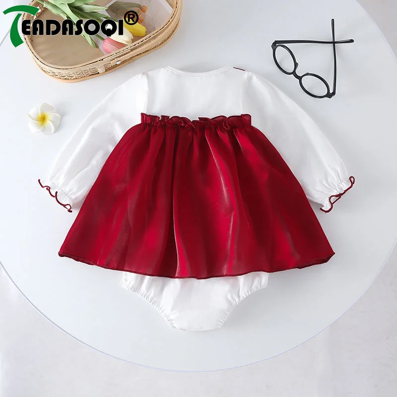 

New In Toddler Cute Clothing 유아복 Kids Baby Girls Full Sleeve Bow Patchwork One-pieces Outwear Infant Newborn Cotton Bodysuits