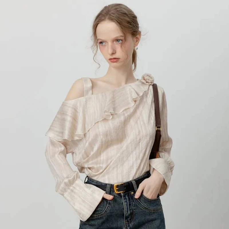 

3D Floral Off Shoulder Blouse Women Vintage Long Sleeve Ruffles Elegant Shirt French Casual Fall Retro Female Sexy Sweet Tops