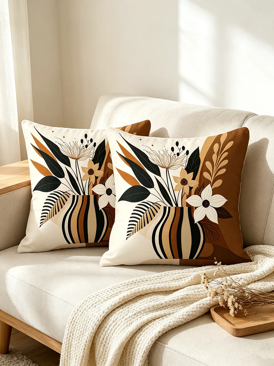 2PCS Boho Vase Floral Print Throw Pillows, Neutral Xmas Decor Cushions for Sofa Couch Bedroom Farmhouse Living Room Home Decor