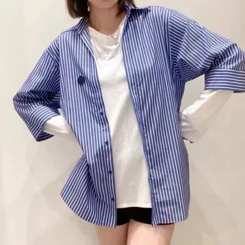 

Embroidery Logo Women Fake Two Pieces Shirt Vertical Stripe Turn-down Collar Fashion Female Single Breasted Blouse