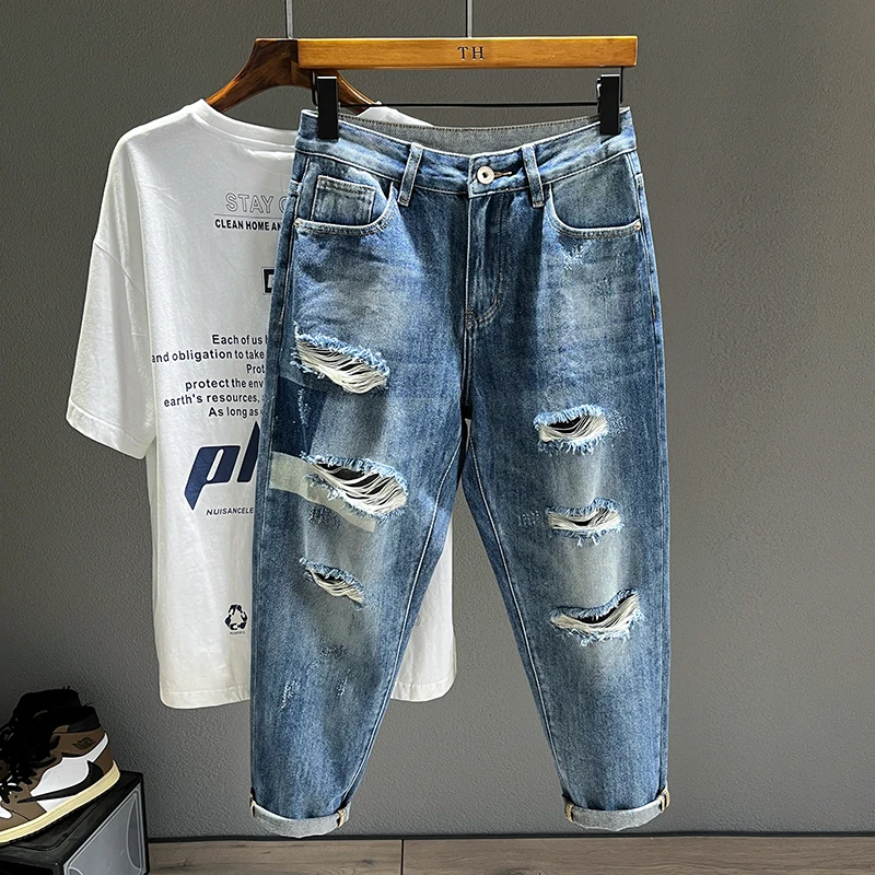 

Мужские летние новые джинсы свободного кроя в стиле Dad Jeans, рваные, из хлопкового денима, прямые, повседневные, комфортные на каждый день