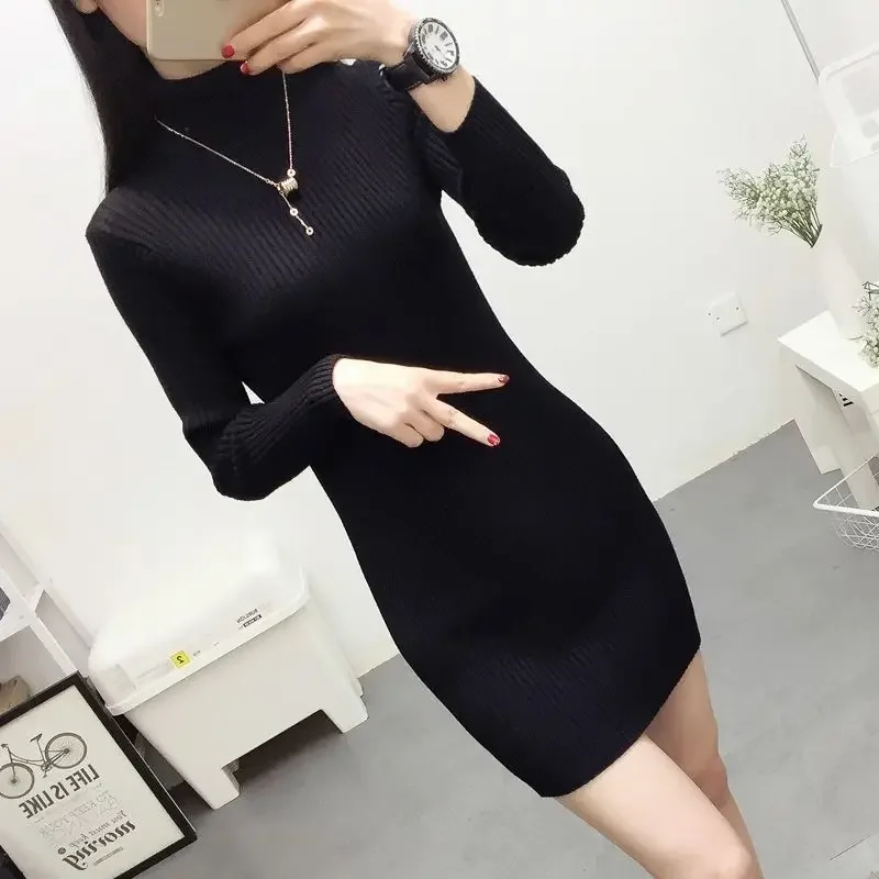 Midi Cover Up Women's Dresses Crochet Turtleneck Yellow Clothing White Knit Female Dress Knee Length 2025 New Collection Spring